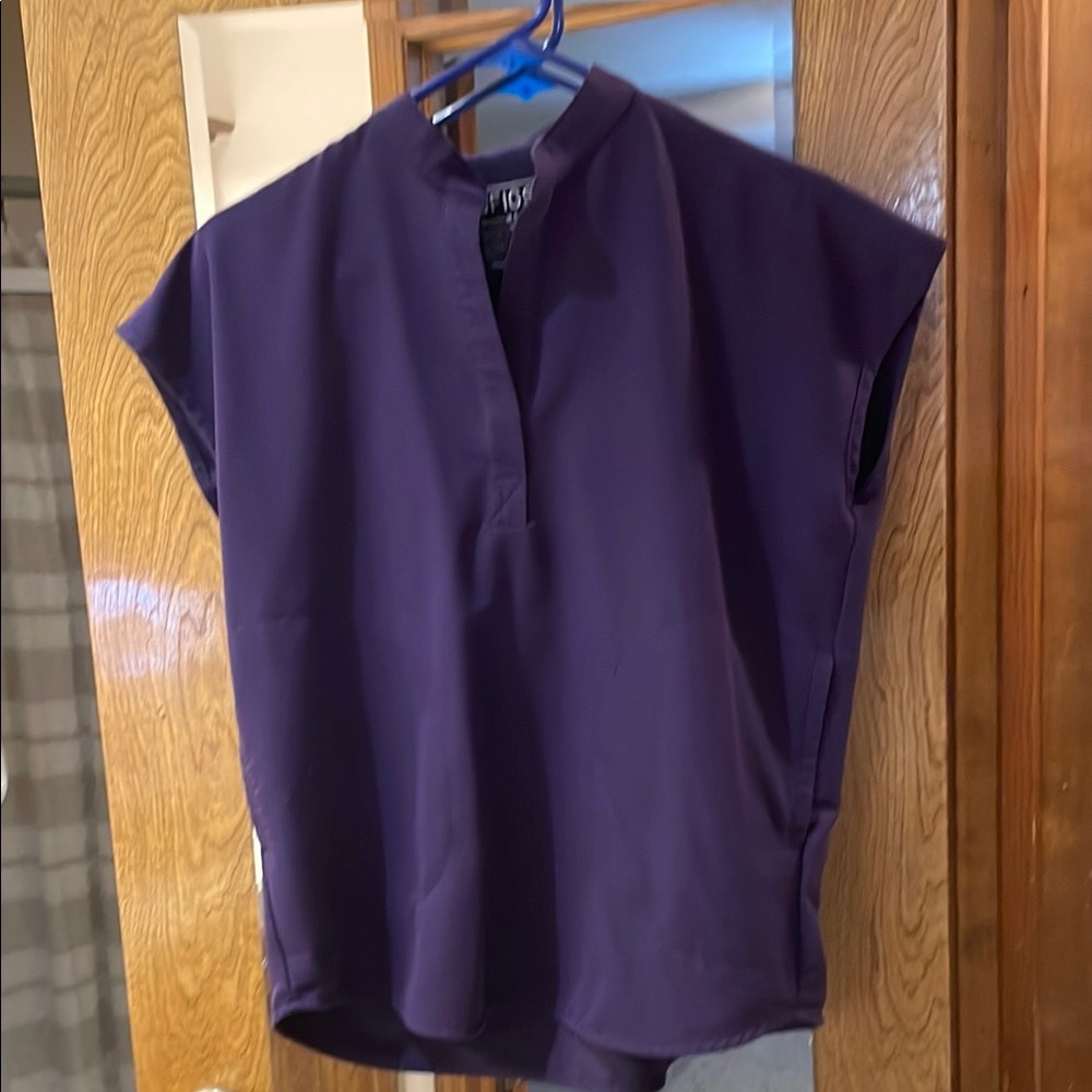 Figs Purple Boxy Top with Mandarin Collar and Cap Sleeves